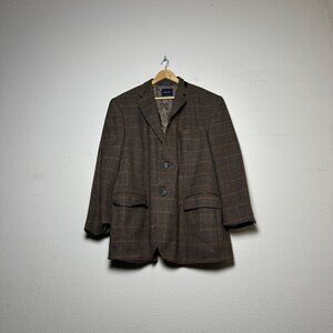 Nautica Lambswool Tweed Blazer Sport Coat Jacket Men 48 Brown Black Formal Plaid